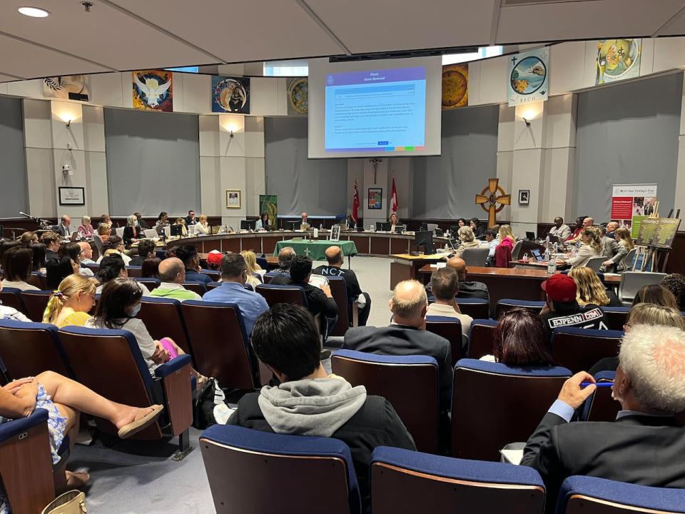 A view of the York Catholic District School Board meeting in May 2023 where the board voted on raising the Progress Pride flag. Trustees voted no. (CBC - image credit)