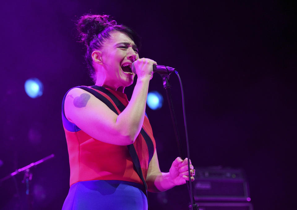 FILE - Kathleen Hanna of the punk rock band Bikini Kill performs at the Hollywood Palladium in Los Angeles on May 2, 2019. Hanna released a memoir "Rebel Girl: My Life as a Feminist Punk." (Photo by Chris Pizzello/Invision/AP, File)