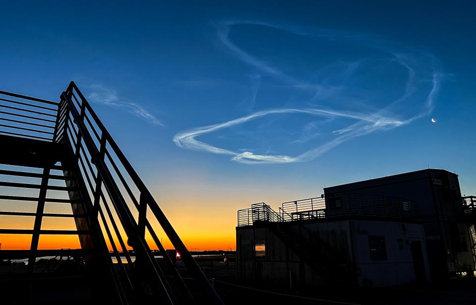 The vapor trail from the early morning launch of Starlink mission 6-47 hangs over Brevard County skies Friday, April 5, 2024. The Falcon 9 rocket lifted off with 23 Starlink satellites at 5:12am. Craig Bailey/FLORIDA TODAY via USA TODAY NETWORK