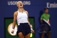 Victoria Azarenka, of Belarus, celebrates after winning a point against Karolina Pliskova, of the Czech Republic, during the fourth round of the U.S. Open tennis championships, Monday, Sept. 5, 2022, in New York. (AP Photo/Andres Kudacki)