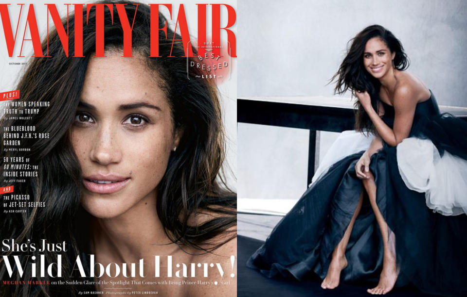 <p>Outrage ensued when Markle appeared on the cover of <i>Vanity Fair</i>, opening up about her relationship publicly for the very first time. “We’re a couple. We’re in love. I’m sure there will be a time when we will have to come forward and present ourselves and have stories to tell, but I hope what people will understand is that this is our time. This is for us,” she told the magazine. (Photo: Vanity Fair) </p>