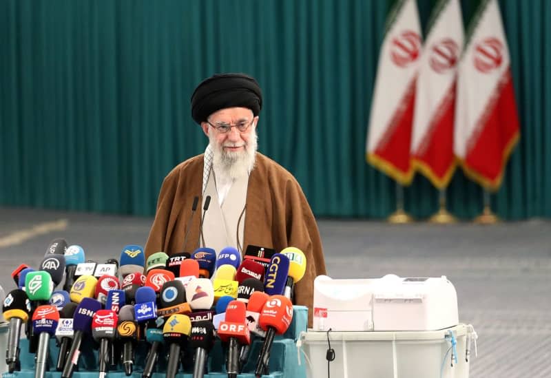 Iranian Supreme Leader Ayatollah Ali Khamenei gives a press conference after casting his ballot for the parliamentary runoff elections in Tehran. -/Iranian Supreme Leader's Office/dpa
