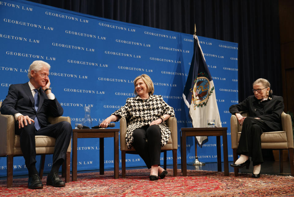 Former President Bill Clinton, left, former Secretary of State Hillary Clinton and Supreme Court Justice Ruth Bader Ginsburg on Oct. 30, 2019, at Georgetown Law's second annual Ruth Bader Ginsburg Lecture in Washington, D.C. (Photo: Jacquelyn Martin/Associated Press)