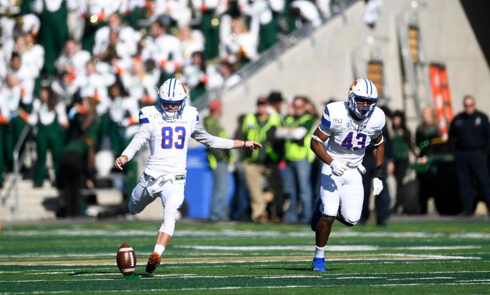 Colorado State Rams place kicker Braxton Davis (83) kicks the ball in the first quarter of the game at Canvas Stadium at Colorado State University in Fort Collins, Colo. on Saturday, Nov. 2, 2019. 