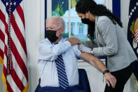 President Joe Biden receives a COVID-19 booster shot during an event in the South Court Auditorium on the White House campus, Monday, Sept. 27, 2021, in Washington. (AP Photo/Evan Vucci)