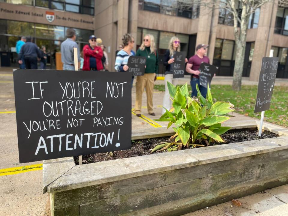 Many protesters in Charlottetown Saturday say they are frustrated with government inaction in dealing with the Community Outreach Centre in Charlottetown. (Alex MacIsaac/CBC - image credit)