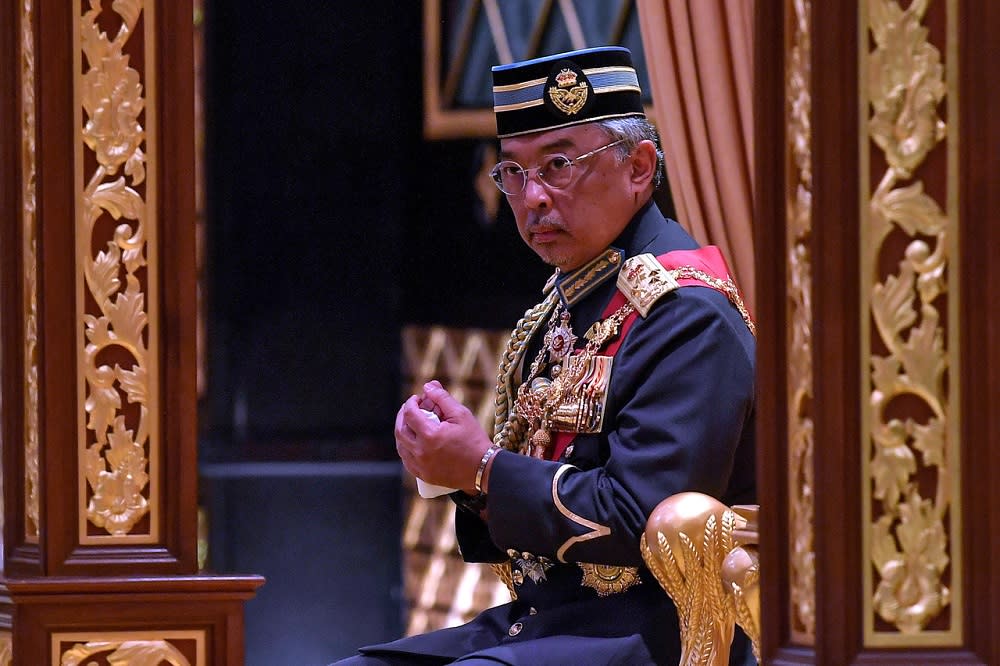 Yang di-Pertuan Agong Al-Sultan Abdullah Ri’ayatuddin Al-Mustafa Billah Shah attends the investiture ceremony held in conjunction with the Federal Territory Day celebration at Istana Melawati, Putrajaya February 1, 2020. — Bernama pic