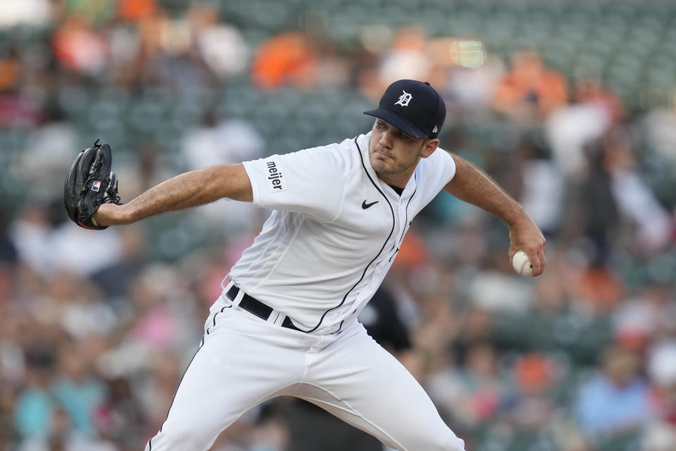 Detroit Tigers relief pitcher Zach Logue throws during the sixth inning of a baseball game against the Oakland Athletics, Wednesday, July 5, 2023, in Detroit. (AP Photo/Carlos Osorio)