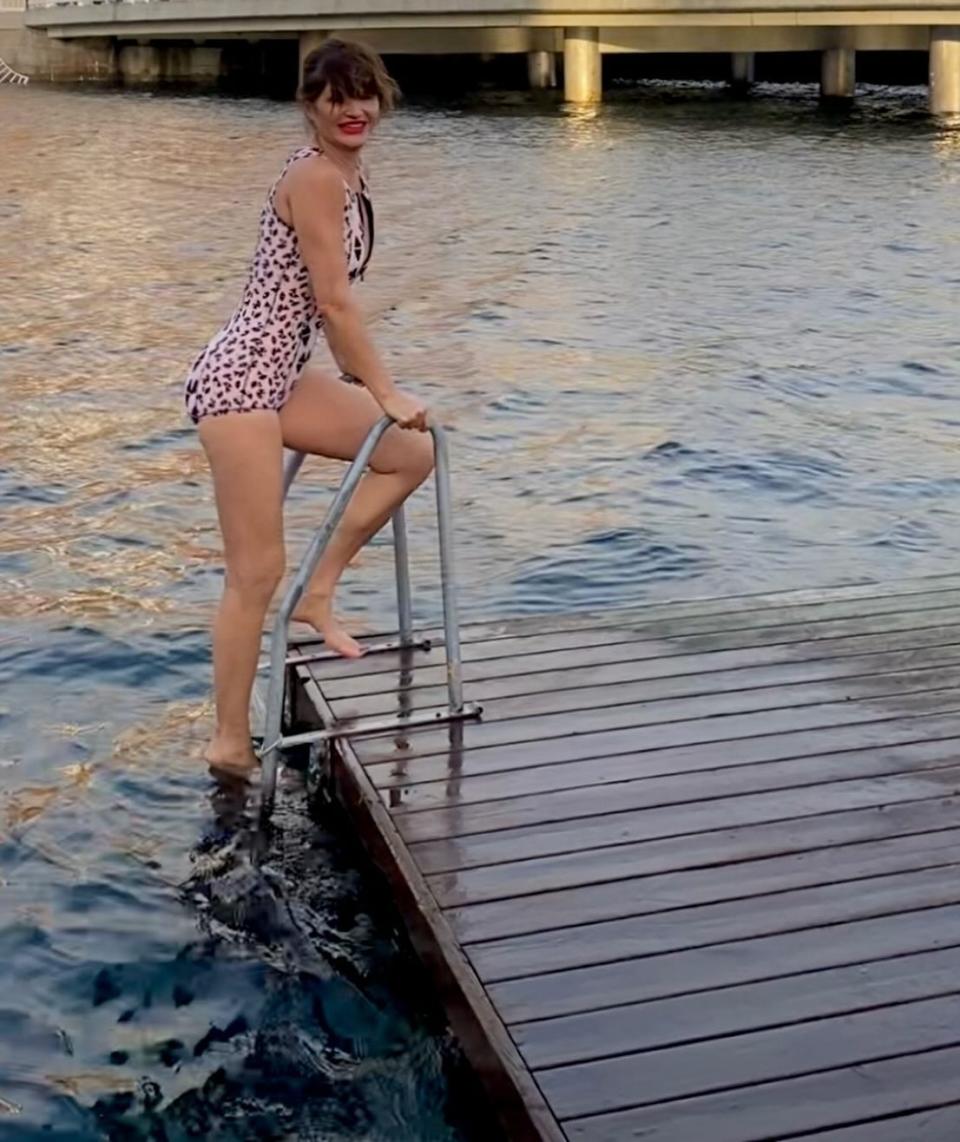 Helena Christensen Celebrates 55th Birthday on Christmas With Cold Plunge in Pink Zip Up Swimsuit