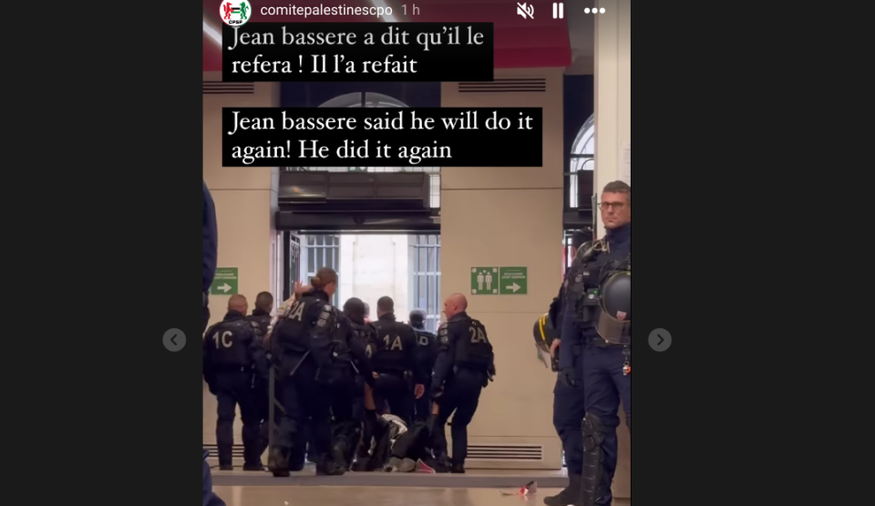 Des vidéos publiées dans la story Instagram du Comité Palestine attestent que des étudiants ont été soulevés au sol et traînés vers la sortie de Sciences Po Paris.