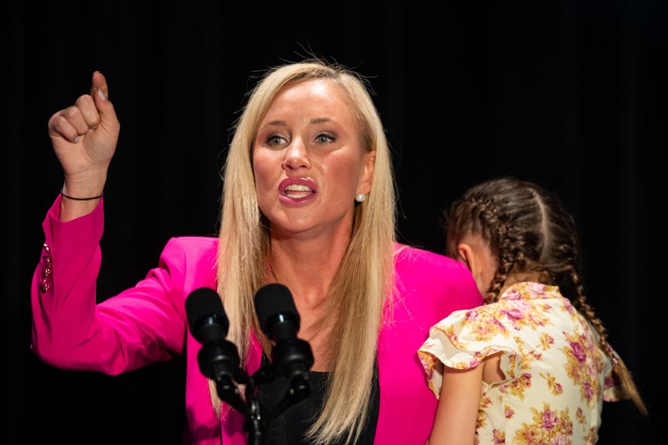 Sen. Lauren Book speaks at The Moon in Tallahassee, Florida, ahead of Vice President Kamala Harris on the 50th anniversary of Roe v Wade on Sunday, Jan. 22, 2023.