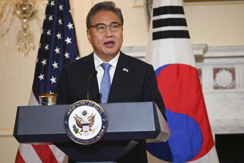South Korean Foreign Minister Park Jin speaks during a news conference with Secretary of State Antony Blinken at the State Department in Washington, Monday, June 13, 2022. (Roberto Schmidt/Pool via AP)