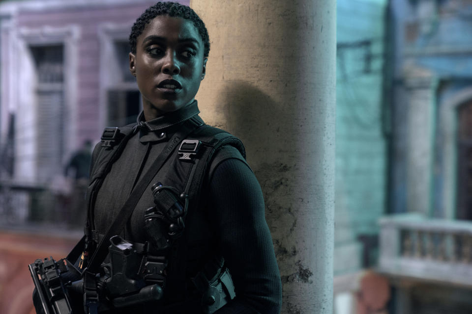 This image released by Metro Goldwyn Mayer Pictures shows Lashana Lynch in a scene from "No Time To Die." (Nicola Dove/Metro Goldwyn Mayer Pictures via AP)
