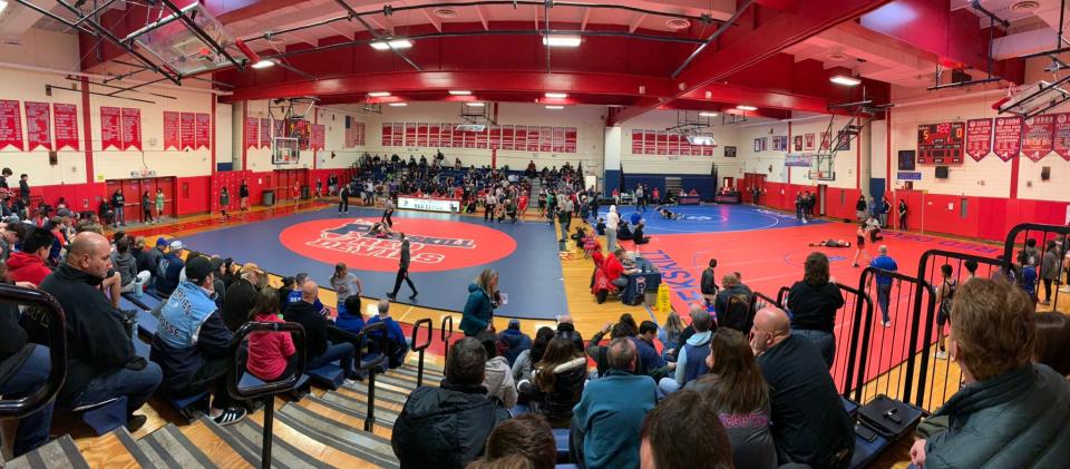 A panoramic shot of Peekskill's first-ever girls wrestling tournament at Peekskill High School on Jan. 21, 2023.