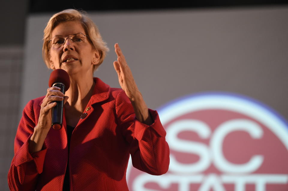 Democratic presidential contender and U.S. Sen. Elizabeth Warren speaks about the student loan debt relief legislative effort she's sponsoring on Wednesday, Oct. 9, 2019, at South Carolina State University in Orangeburg, S.C. House Majority Whip Clyburn, who is sponsoring a House version of the bill, hosted the town hall. (AP Photo/Meg Kinnard)