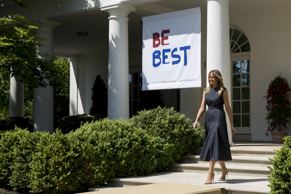 FILE - In this May 7, 2019 file photo, first lady Melania Trump arrives for a one year anniversary event for her Be Best initiative in the Rose Garden of the White House in Washington. Melania Trump has announced plans to renovate the White House Rose Garden. It's the outdoor space steps away from the Oval Office. (AP Photo/Andrew Harnik)