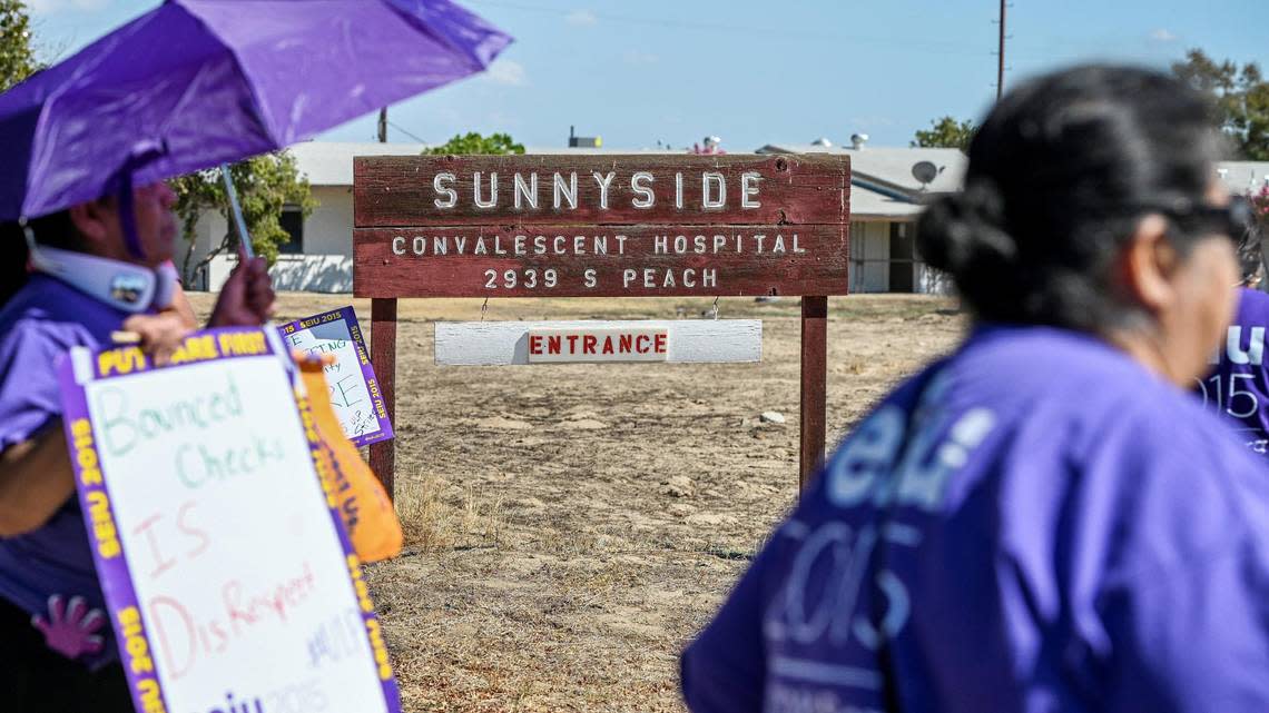 Nursing home workers hold a one-day strike outside Sunnyside Convalescent Hospital on Wednesday, Sept. 21, 2022.