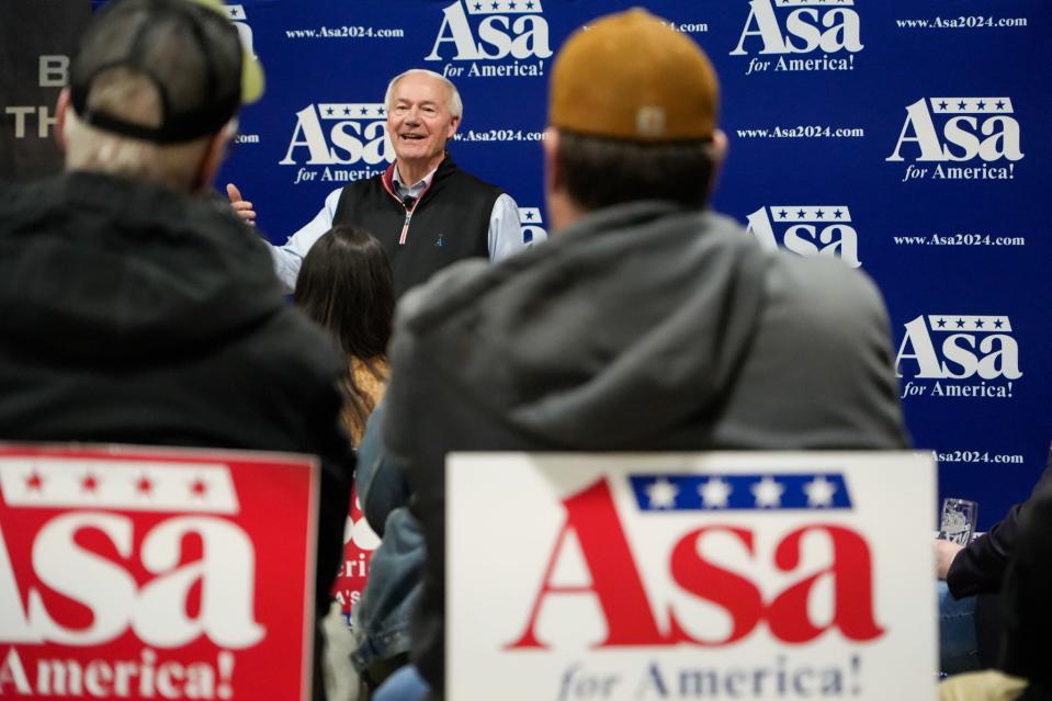 Republican presidential candidate Asa Hutchinson speaks to voters at a meet and greet at Confluence Brewing Company on Wednesday, Jan. 3, 2024, in Des Moines.