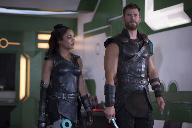 <p>J Boland/Marvel Studios/Kobal/Shutterstock</p> Tessa Thompson and Chris Hemsworth in 'Thor: Ragnarok'