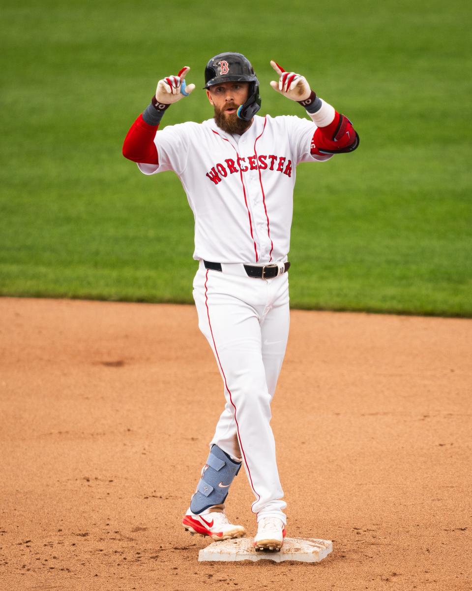 Trevor Story celebrates getting a hit during his rehab start with the Triple-A Worcester Red Sox on Sunday at Polar Park. Story hopes to rejoin the Boston Red Sox soon.