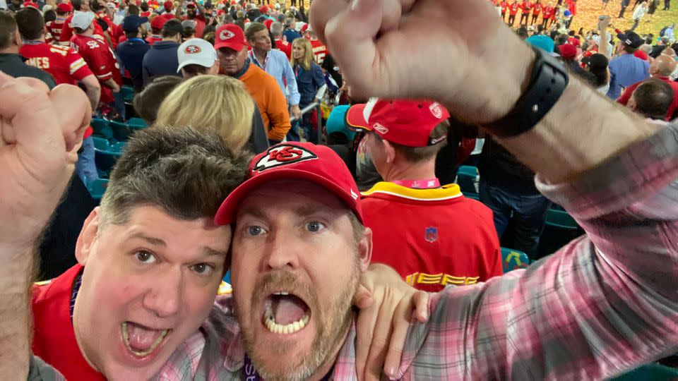 Friends Mike Ryan and Chris Jeter cheer while attending the 2020 Super Bowl. - Courtesy Mike Ryan