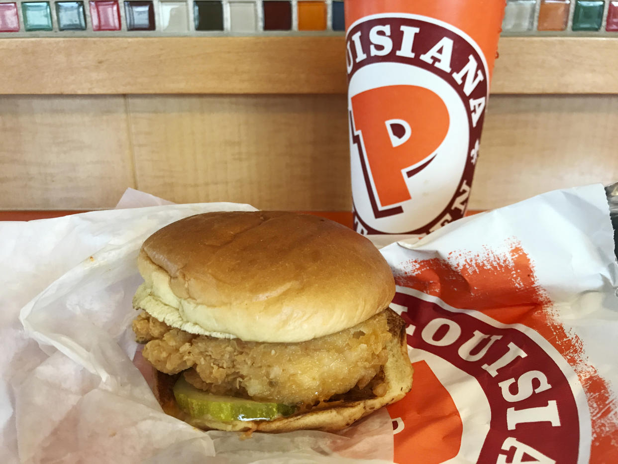 This Aug. 21, 2019, photo, shows Popeye's new chicken sandwich, the spicy version, in New Rochelle, N.Y. (AP Photo/Julia Rubin)