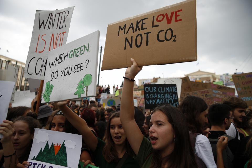 Climate protesters demonstrate in Athens, Greece, Friday, Sept. 20, 2019.  (Photo: Thanassis Stavrakis/AP)