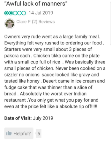 A review of an Indian restaurant in Scotland has gone viral after a brutal response from the owner over the complaint.