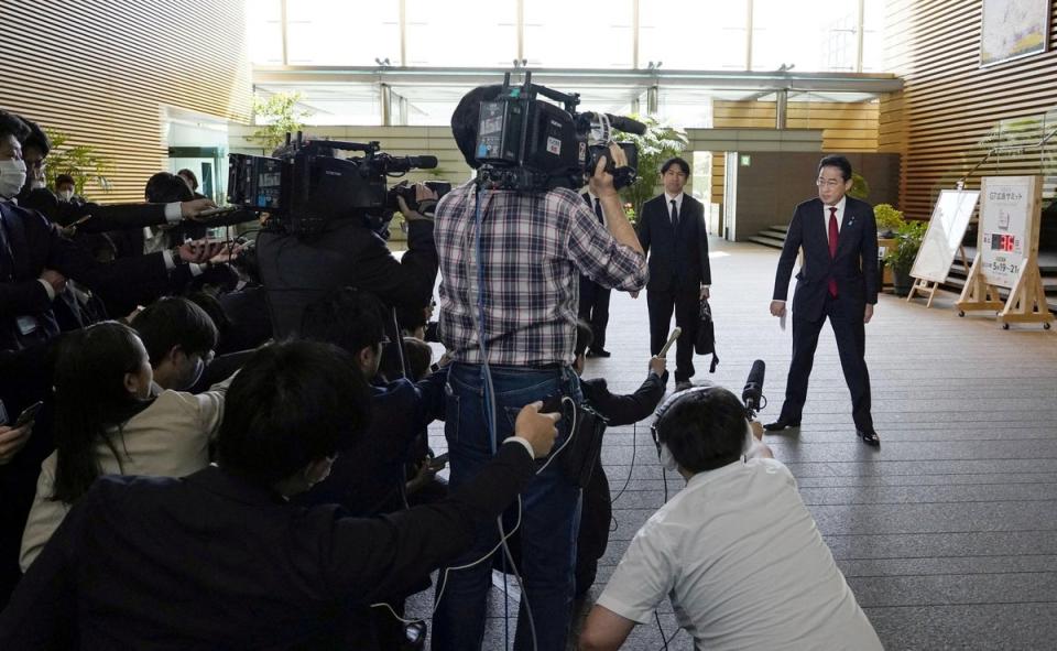 Japanese prime minister Fumio Kishida speaks to the media after North Korea fired a ballistic missile, in Tokyo (via REUTERS)
