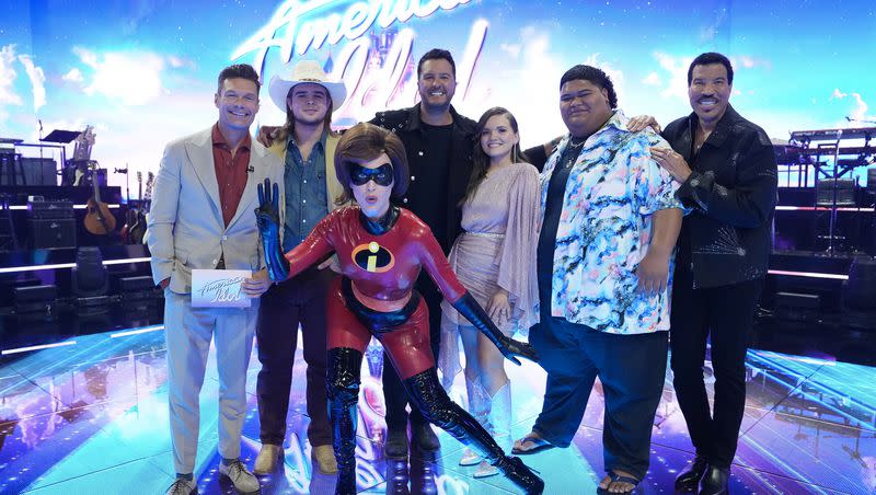 The top three singers on “American Idol,” Colin Stough, Megan Danielle and Iam Tongi, are pictured with “Idol” host Ryan Seacrest and judges Katy Perry, Luke Bryan and Lionel Richie. 