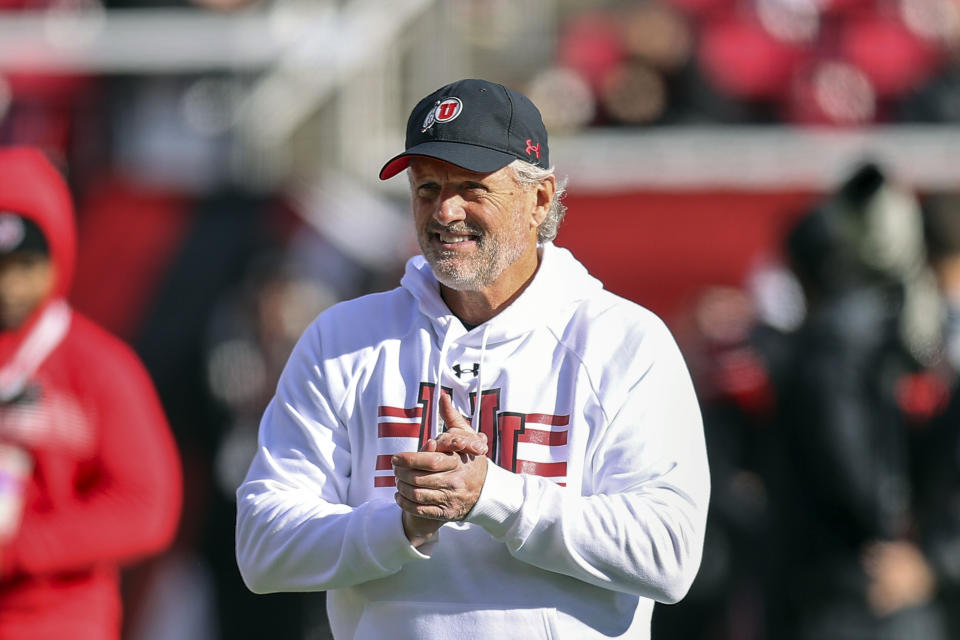 Utah head coach Kyle Whittingham looks on before an NCAA college football game against Colorado Saturday, Nov. 25, 2023, in Salt Lake City. (AP Photo/Rob Gray)