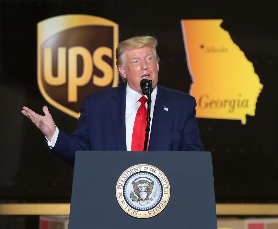 President Donald Trump visits Georgia to talk about an infrastructure overhaul at the UPS Hapeville hub at Hartsfield-Jackson International Airport on July 15, 2020 in Atlanta.