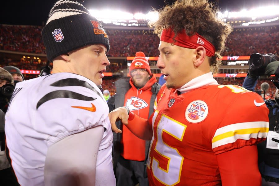 KANSAS CITY, MISSOURI – JANUARY 29: Joe Burrow #9 of the Cincinnati Bengals and Patrick Mahomes #15 of the Kansas City Chiefs meet on the field after the AFC Championship Game at GEHA Field at Arrowhead Stadium on January 29, 2023 in Kansas City, Missouri. (Photo by Kevin C. Cox/Getty Images)