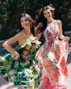 Jenner flounces the flou in Gucci’s ruffled halter dress (<a href="https://www.gucci.com/us/en/" rel="nofollow noopener" target="_blank" data-ylk="slk:gucci.com;elm:context_link;itc:0;sec:content-canvas" class="link ">gucci.com</a>). Lana Jewelry earrings. Model Vittoria Ceretti, far right, meanwhile, goes with the posies. Carolina Herrera patchworked print dress, $4,990; Carolina Herrera, NYC. David Yurman earrings. On both: RJ Graziano bracelets.