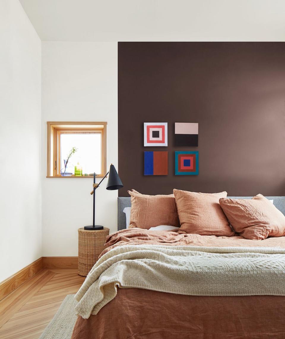 brown and white bedroom with linen bedding