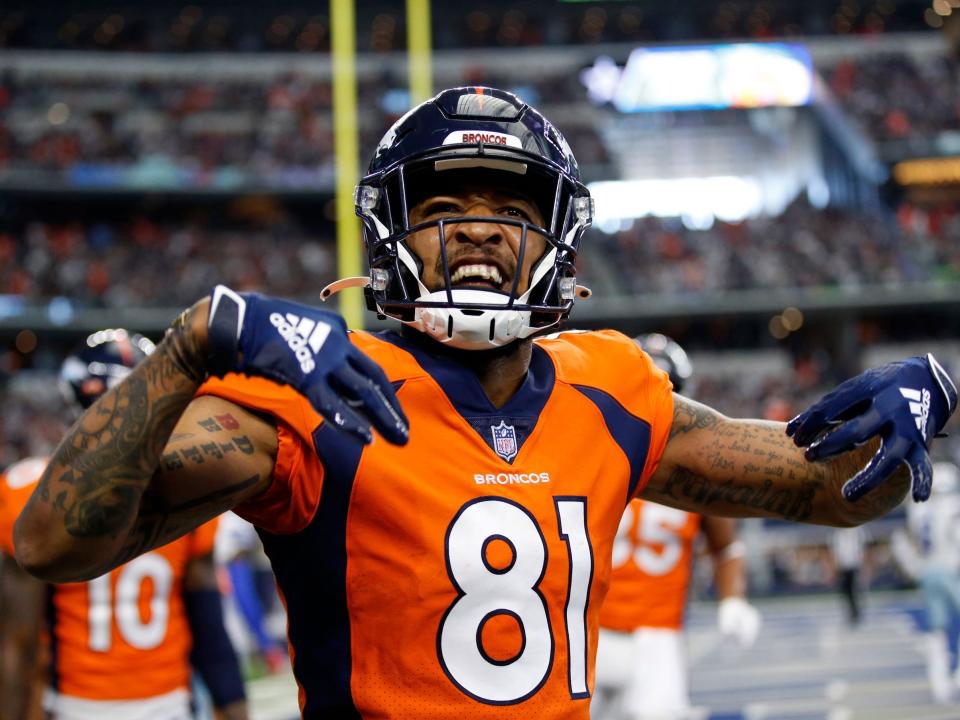 Tim Patrick celebrates a touchdown against the Dallas Cowboys.