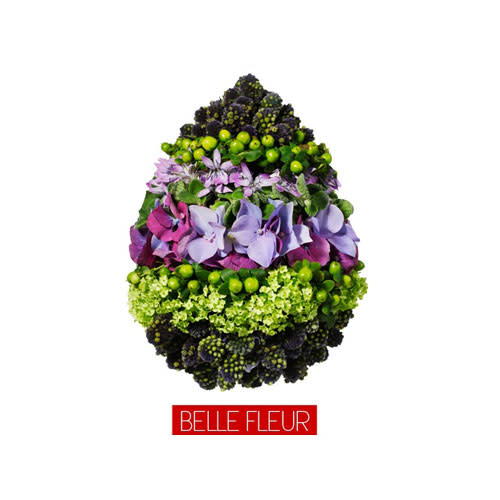 Florist Meredith Waga-Perez arranged sequences of sumptuous greens and delicate lilac blooms for a lively egg-shaped garden.