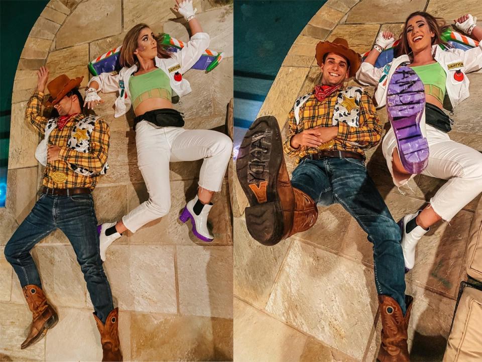 A side-by-side of a couple dressed up as Woody and Buzz Lightyear from "Toy Story."