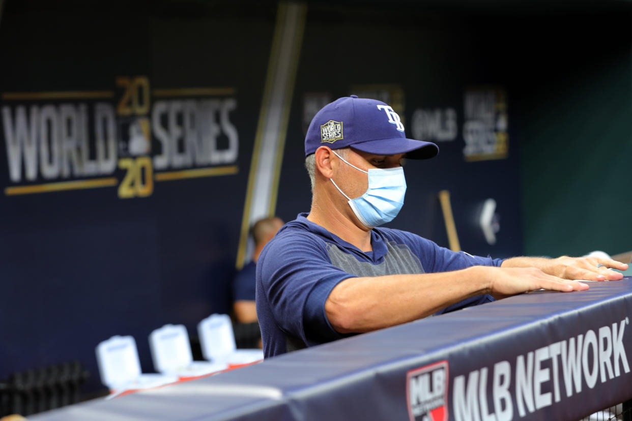 Manager Kevin Cash's late hook for Tyler Glasnow caught viewers by surprise and may have cost the Rays Game 1 of the World Series. (Photo by Kelly Gavin/MLB Photos via Getty Images)