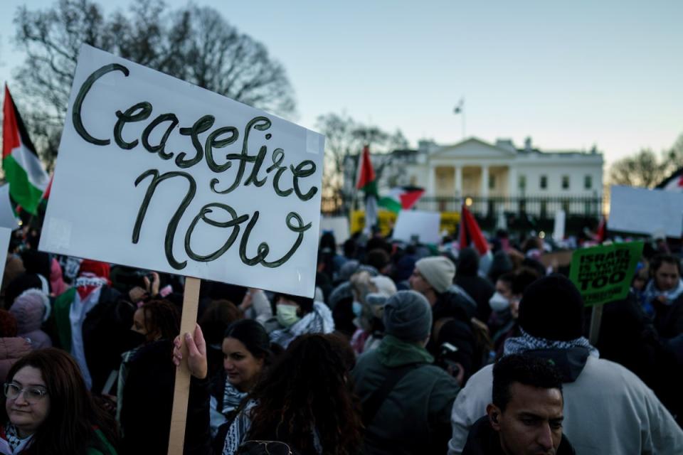 Protesters rally outside the White House in solidarity with Palestinians on 14 January to demand government support for a ceasefire in Gaza. (EPA)