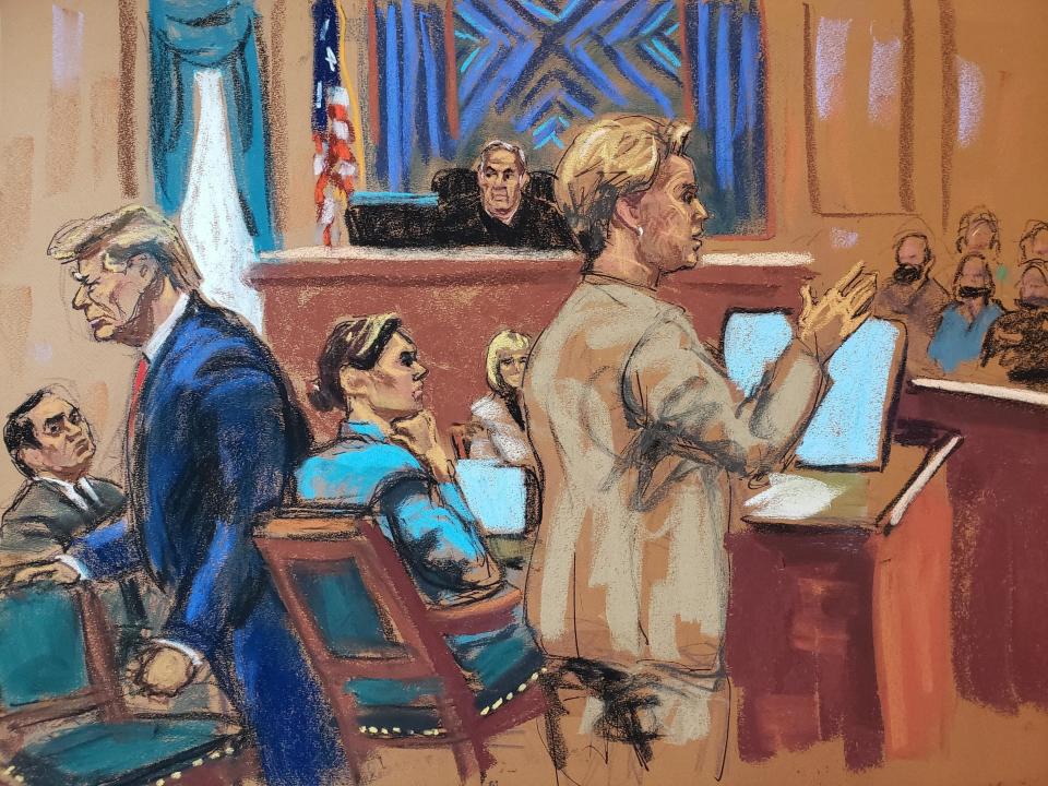 An artist's sketch of former President Donald Trump walking out of a federal courtroom in New York as an attorney for E. Jean Carroll presents her closing argument on Friday, Jan. 26, 2024. / Credit: Jane Rosenberg