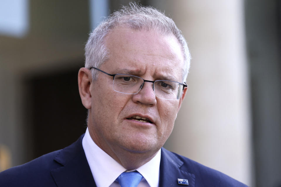 Australia's Prime Minister Scott Morrison looks on as he answers the press at the Elysee Palace in Paris.