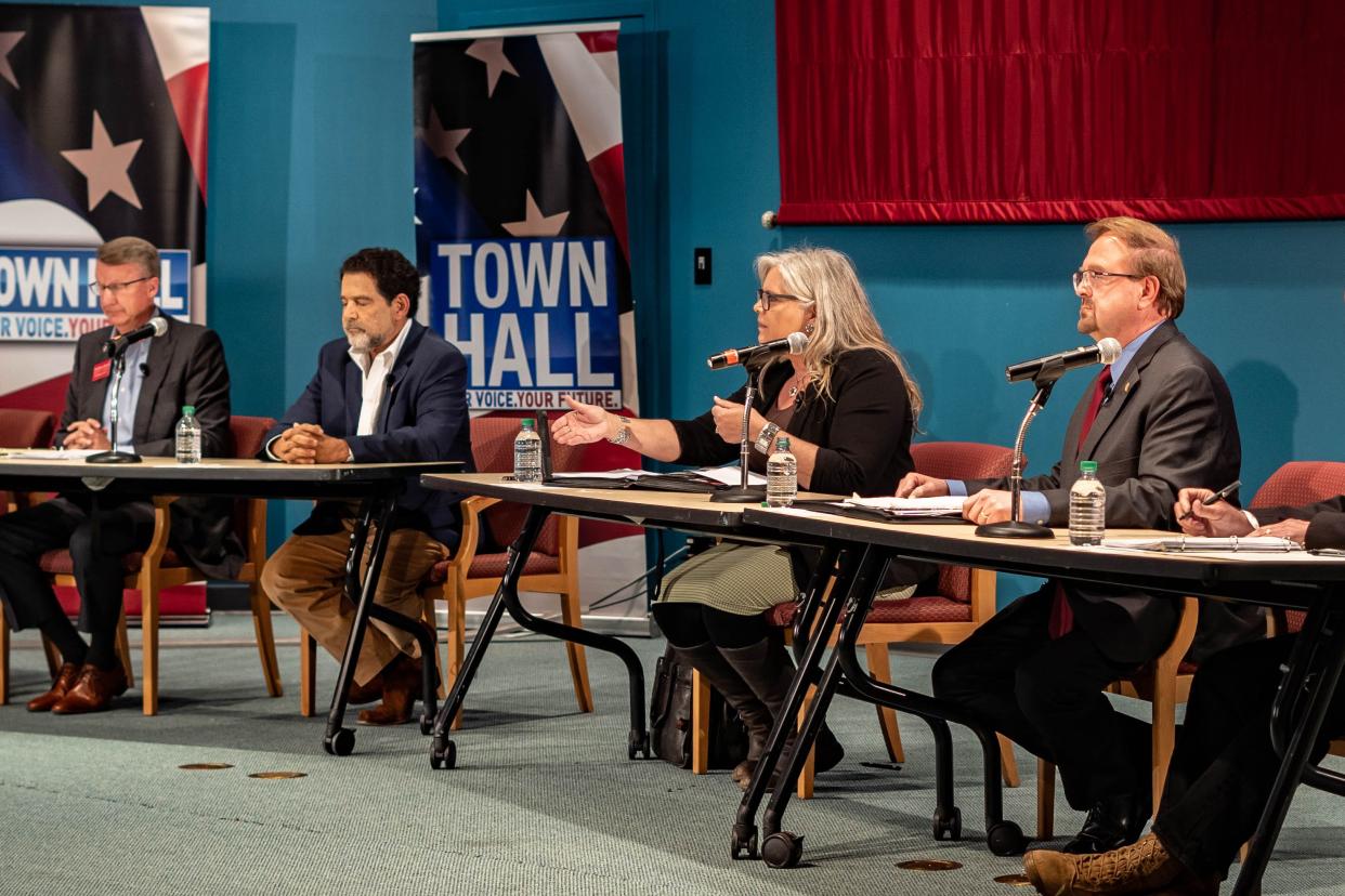 Republican congressional candidate Kristie Sluder speaks at a debate on A-B Tech's campus in Asheville on April 20, 2022.