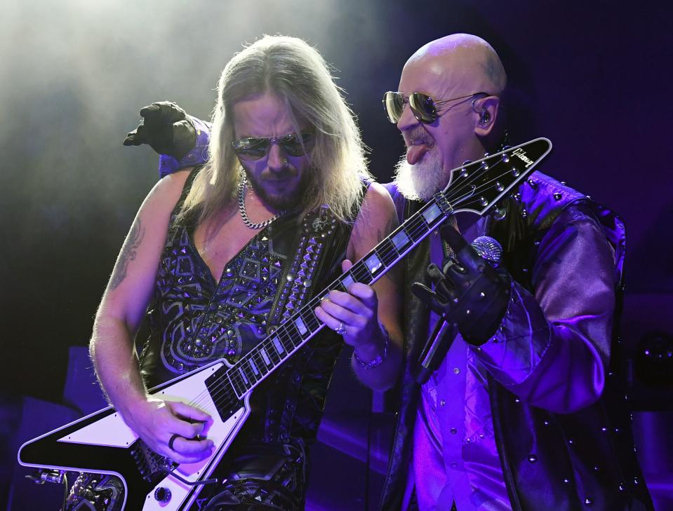 Guitarist Richie Faulkner (L) and singer Rob Halford of Judas Priest perform on the final night of the band's Firepower World Tour at The Joint inside the Hard Rock Hotel & Casino on June 29, 2019 in Las Vegas, Nevada.