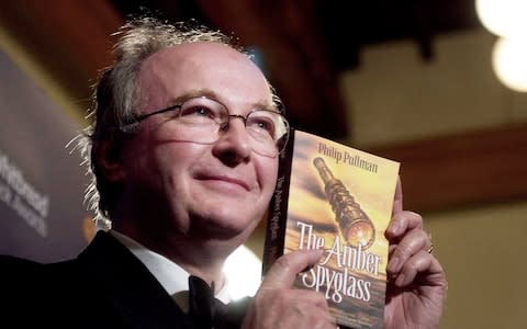 Philip Pullman, winning the 2002 Whitbread Book Award for his The Amber Spyglass - Credit: Geoff Pugh