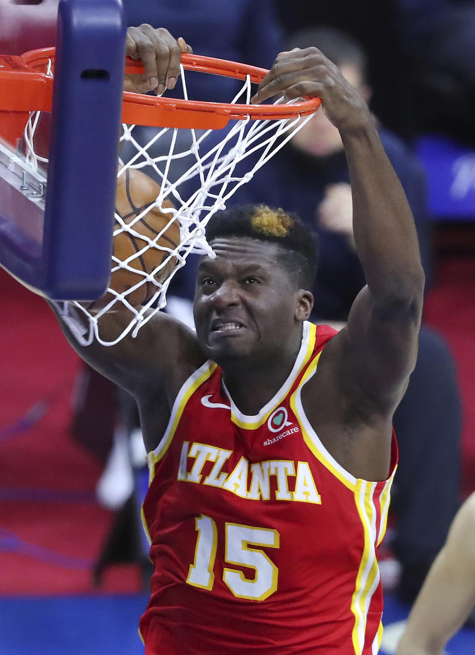 Atlanta Hawks center Clint Capela slams for two in the second half against the Philadelphia 76ers in game 5 of their NBA Eastern Conference semifinals series on Wednesday, Jun 16, 2021, in Philadelphia. (Curtis Compton/Atlanta Journal-Constitution via AP)