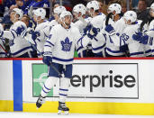 Toronto Maple Leafs center Auston Matthews (34) celebrates his goal during the second period of an NHL hockey game against the Detroit Red Wings on Thursday, Oct. 11, 2018, in Detroit. (AP Photo/Paul Sancya)