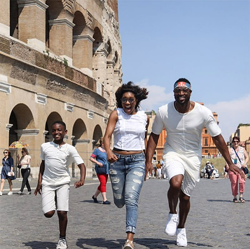 <p>They are accompanied on their vacay by Wade’s son Zion. The boy had no problem keeping up in the style department, as you can see here as he twins with his dad. “Living our life & we’re not apologizing for it,” Wade captioned this photo. (Photo: <a rel="nofollow noopener" href="https://www.instagram.com/p/BVfv0oCgF3-/?hl=en" target="_blank" data-ylk="slk:Dwyane Wade via Instagram;elm:context_link;itc:0;sec:content-canvas" class="link ">Dwyane Wade via Instagram</a>) </p>