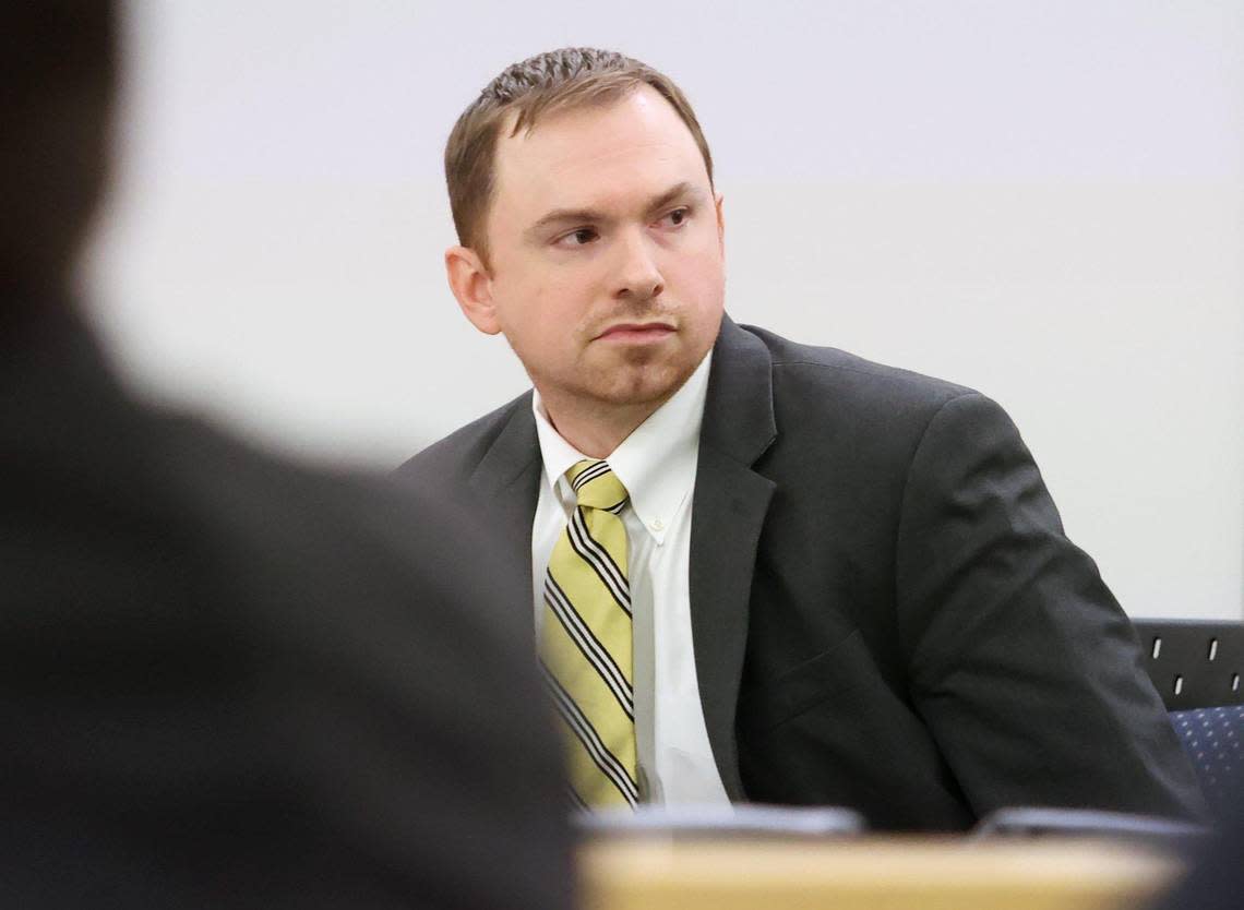 Aaron Dean looks toward the gallery before the continuation of the punishment phase of his trial on Monday, December 19, 2022, in Tarrant County’s 396th District Court. Dean was found guilty of manslaughter in the 2019 shooting death of Atatiana Jefferson.