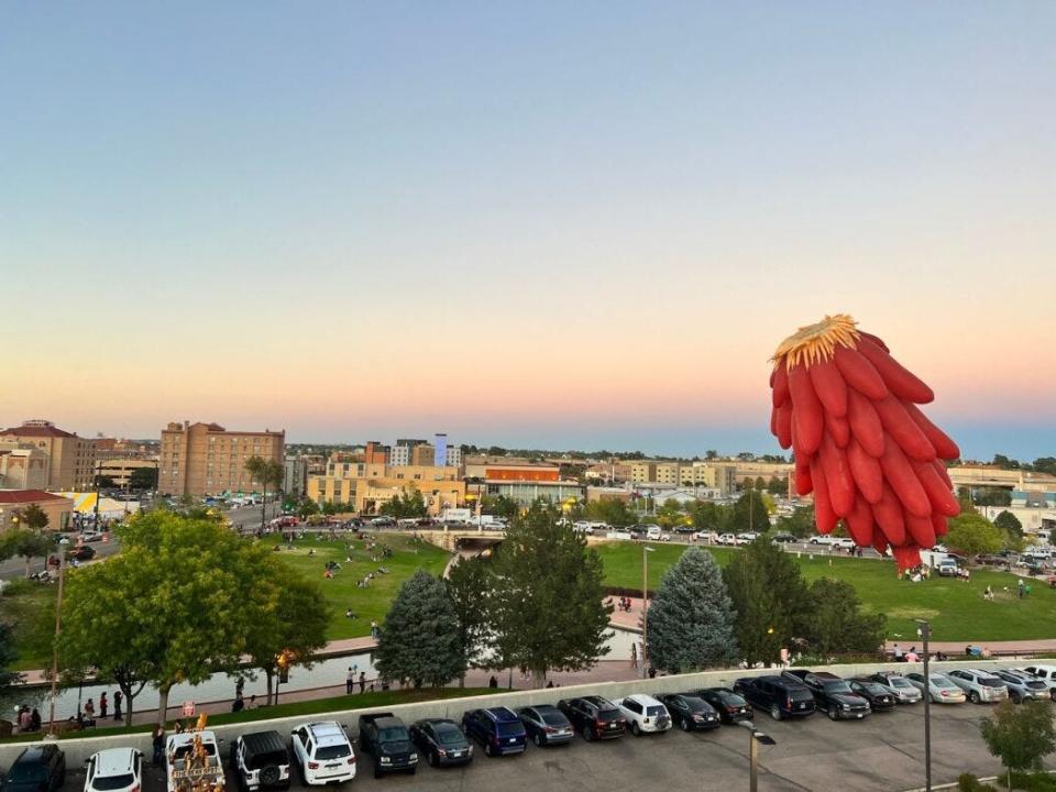 The Chile Ristra balloon soars over Pueblo during last years Pueblo Chile and Balloon Fest.